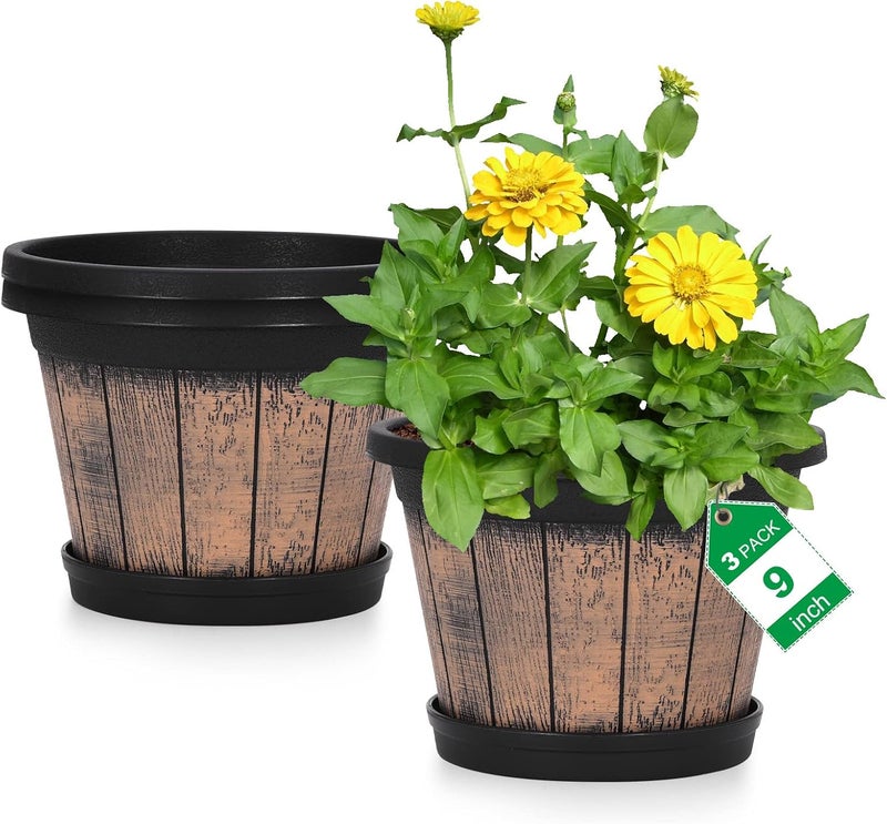 Quarut Plant Pots Set of 3 Pack 9 inch,Whiskey Barrel Planters with Drainage Holes & Saucer.Plastic Decor Flower Pots Imitation Wine Barrel Design,for Indoor & Outdoor Garden Home Plants (Brown) - Image 1